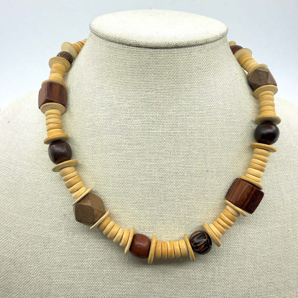 Tan Brown Wood Bead Necklace Geometric Chunky Boho Rustic Statement Jewelry